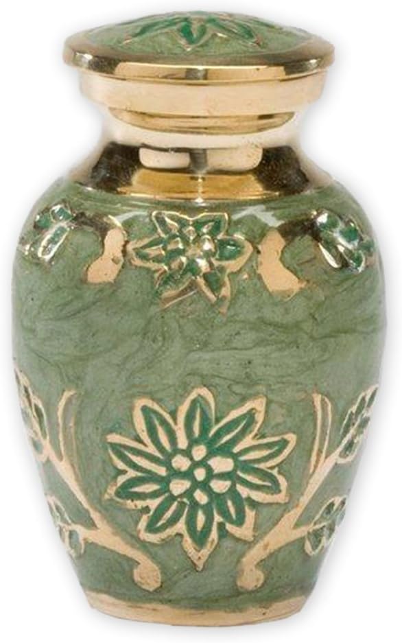 Green Garden Brass Keepsake Cremation Urn | Unique Brass Funeral Urn with Gold & Green Enamel Details | Keepsake