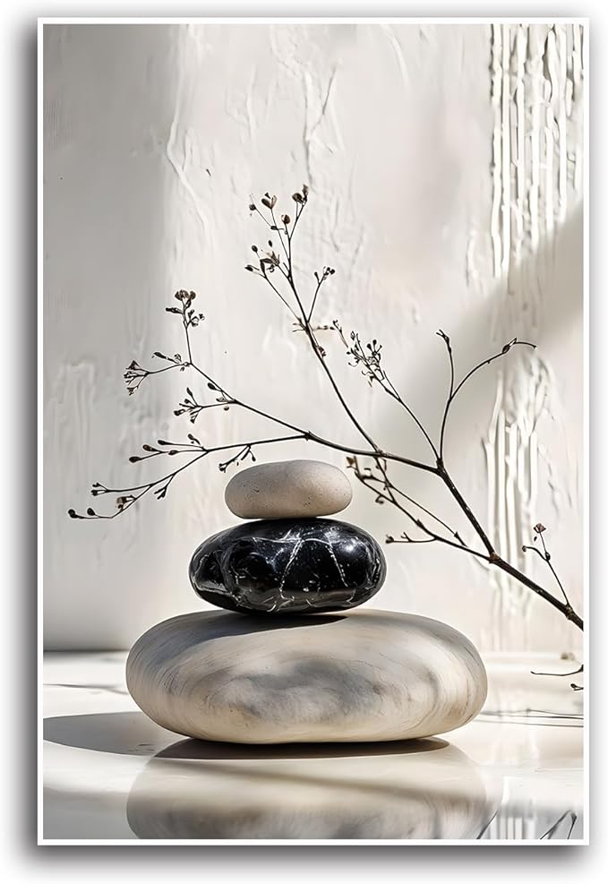 Gray and black stone pile and dried flowers poster canvas wall art in harmony Minimalist wall art for tranquil homes and mindful spaces 24x36in Frameless