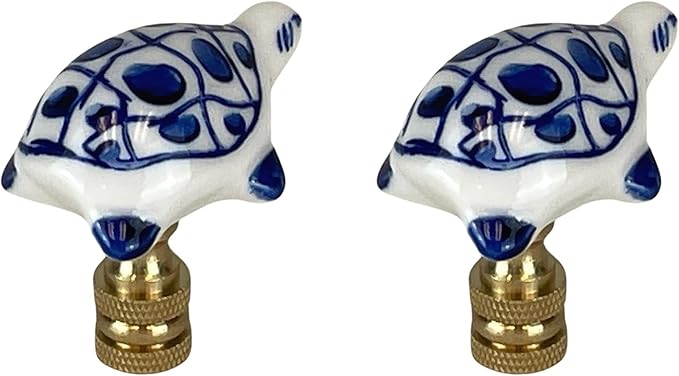Royal Designs, Inc. Porcelain Turtle Finial for Lamp Shade, Polished Brass, Blue & White, Pack of 2