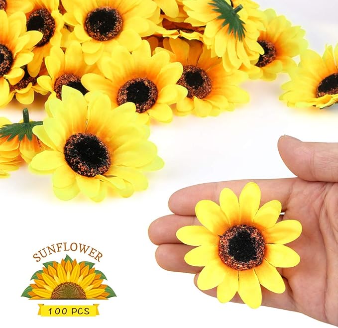 Mocoosy 100 Pcs Sunflowers Artificial Flower Heads, 2.8 Inch Fake Sunflowers Bulk, Yellow Silk Sun Flower Head Decorations DIY Floral Crafts Wedding Arrangement Baby Shower Party Home Decor