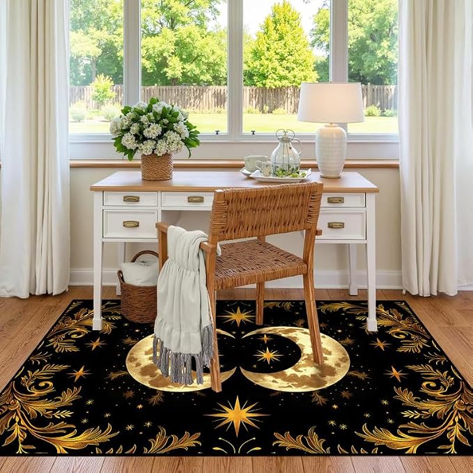 Sun Moon Star Area Rug 3'x5' Golden Boho Carpet Non-Slip Washable Low Pile Floor Mat for Entryway Bedroom Living Room Nursery Playroom Classroom Home Decor