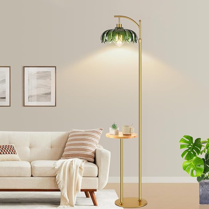 QIYIZM Glass Floor Lamp with Table and Shelves for Living Room Bedroom,Gold Standing Lamp with Remote Dimmable,Boho Brass Tall Lamp Vintage Farmhouse Arc Green Flower Floor Light Bohemian