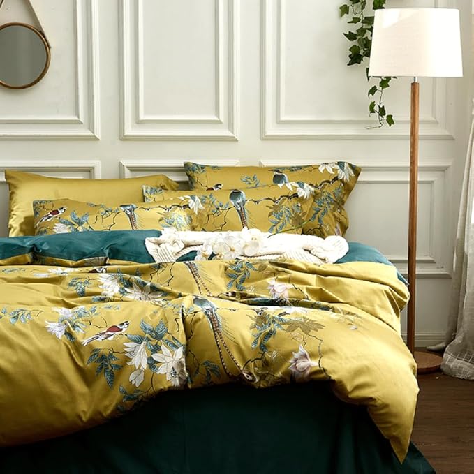Gold Floral Duvet Cover Set King Size Garden Style Bird Flower Pattern Duvet Cover Luxury Soft Cotton Floral Comforter Cover with Zipper Closure Reversible Peacock Blue 3 Pieces Farmhouse Bedding Set