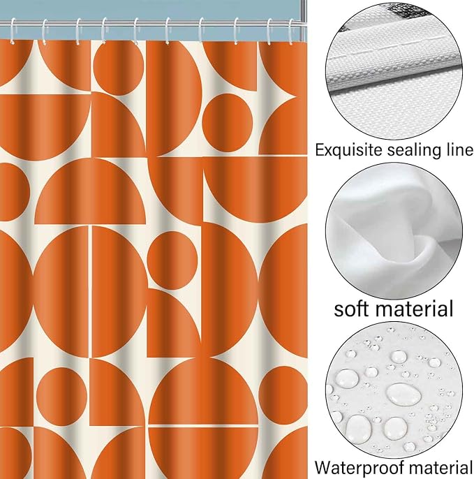 Vintage Orange Mid Century Modern Shower Curtain Boho Abstract Geometric Art Shower Curtains for Bathroom Decor 72x84 Inch 70s 80s Retro Washable Fabric Bathroom Set with 12 Hooks