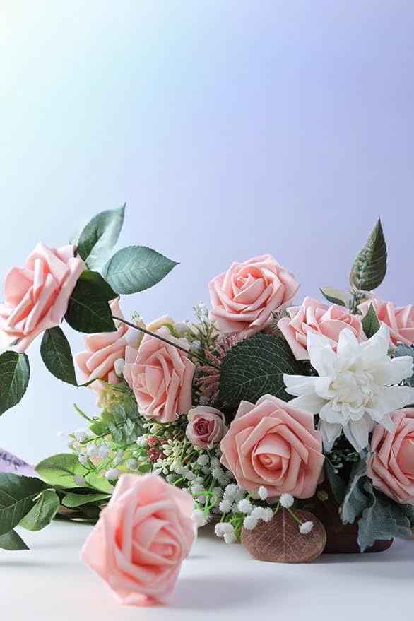 Blush Pink Artificial Roses 25pcs, Real Looking Fake Flowers with Stems for DIY Wedding Centerpieces, Bridal Shower, Party, Valentine's Day Gift, Home Decor