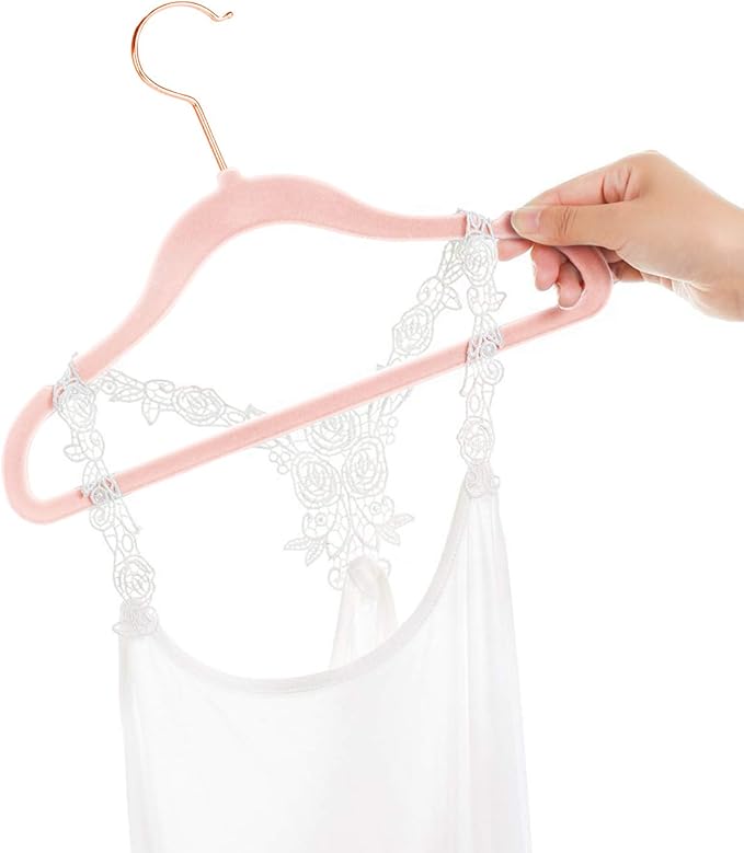 MIZGI Premium Kids Velvet Hangers (Pack of 50) with Copper/Rose Gold Hooks,Space Saving Ultra Thin,Non Slip Baby Hangers for Children's Skirt Dress Pants,Clothes Hangers(Blush Pink)