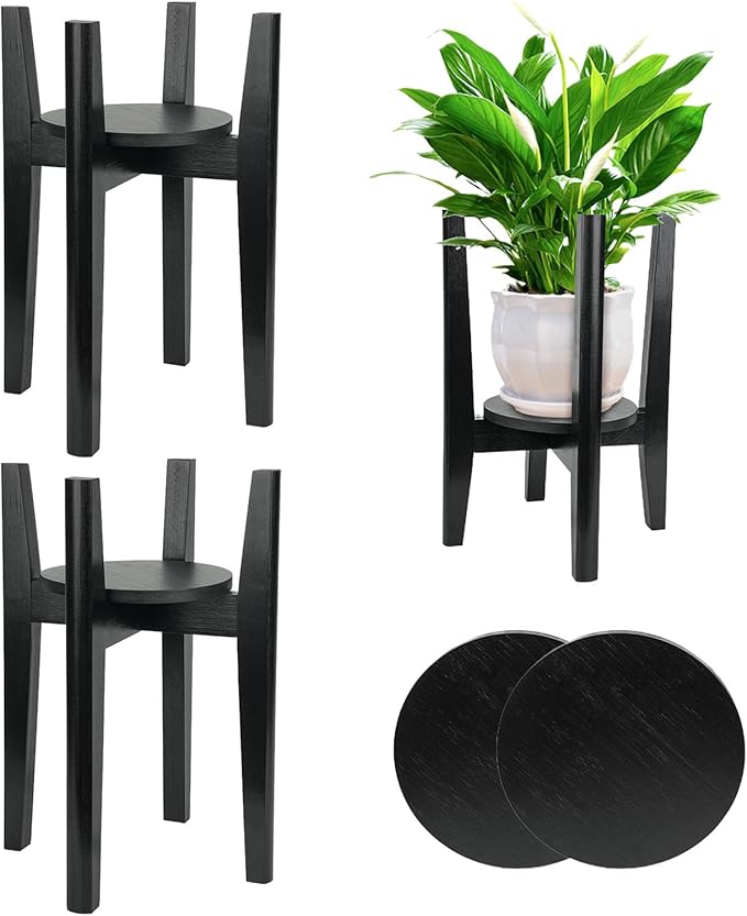 2 Packs Adjustable Plant Stand with Tray,Indoor Wood Plant Stand Fit 8'' to 12'' Planter,Mid Century Modern Flower Pot Holder Rack(Plant and Pot Not Included) Black
