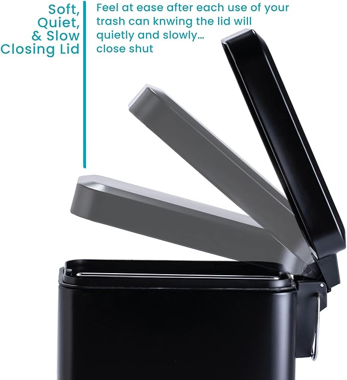 Home Zone Living 3-Pack 1.3 Gallon Small Black Bathroom Trash Can with Lid and Step Pedal, Stainless Steel Wastebasket with Slim Design for Home and Office, 5 Liters