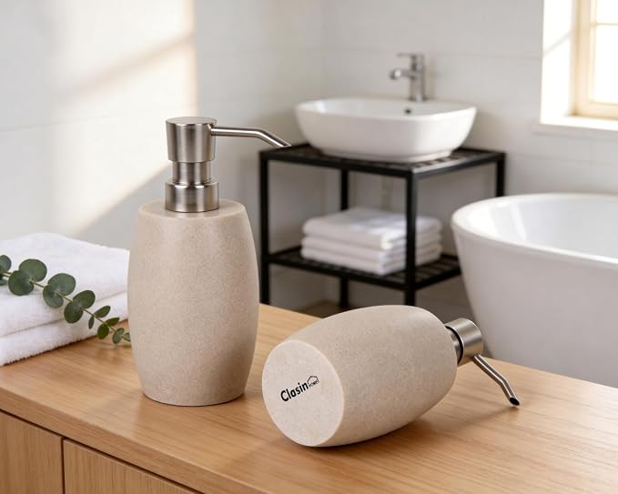 Clasin Home Sandstone Textured Resin Soap Dispenser with Metallic Pump and Waterproof Bottle Labels for Bathroom Kitchen Dish Hand Wash Shower Lotion Shampoo, 12 Oz, Beige