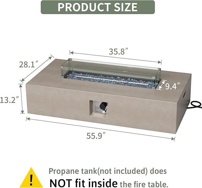 COSIEST Outdoor Propane Fire Pit Table, 56-inch x 28-inch Rectangle Gray Concrete-Like Finish, Certified, 50,000 BTU Stainless Steel Burner w Blue Fire Glass, Wind Guard, Raincover