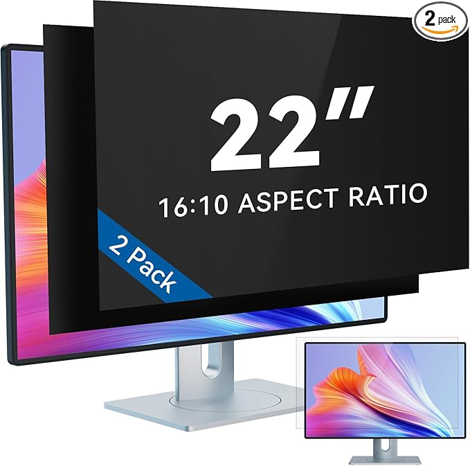 [2-Pack] 22 Inch Computer Privacy Screen Filter for 16:10 Widescreen Monitor, IPROKKO Removable 22in Anti Blue Light Glare Privacy Shield, Anti Spy Security Protector for Hp Dell Asus Acer Samsung