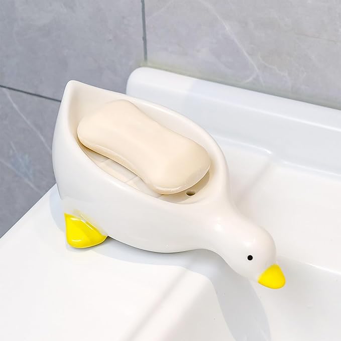 1 Pack Duck Ceramic Soap Dishes,Soap Holder with Drain,Soap Dish Container,Dish Soap Tray,Sponge Holder,Soap Tray for Shower,Bathroom,Bar,Kitchen,Counter (Duck), White