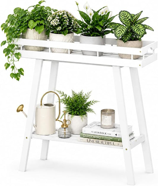 BAMBANG Bamboo Plant Stand Indoor, 2 Tier Small Plant Table, Tall Plant Stand for Indoor Plants, Window Sill Plant Shelf, Flower Pot Holder Plant Bench Plant Rack for Living Room, White