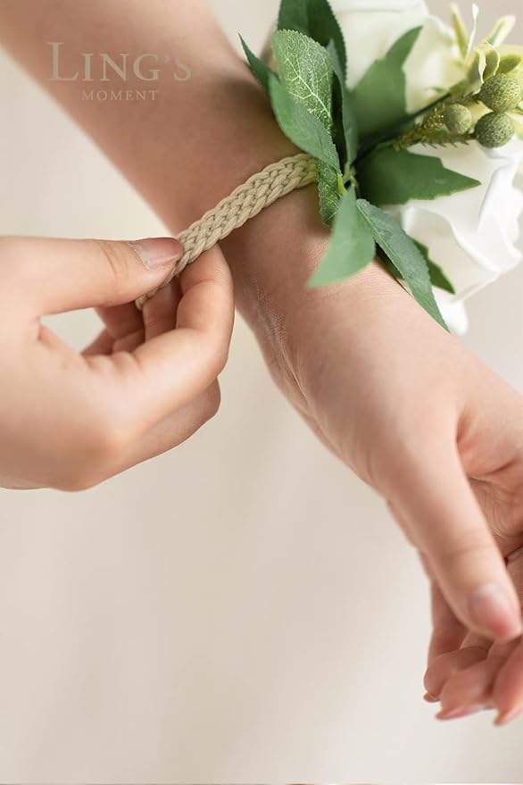 Ling's moment 2pcs Homecoming Wrist Corsage Artificial Flowers, Girl/Mother Corsages Wristlet Décor for Prom/Wedding/Anniversary, etc. White Ivory