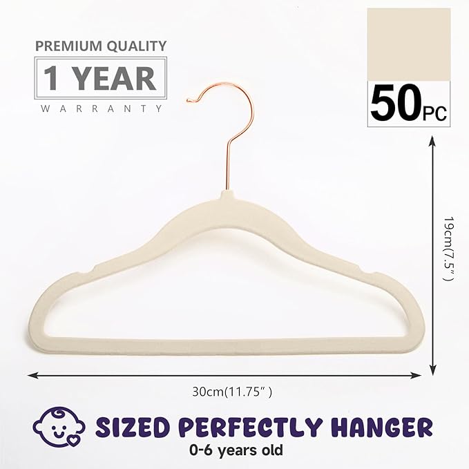MIZGI Baby Velvet Hangers,Non-Slip Kids & Toddler Hangers,11.8 Inch Hangers for Baby Clothes,Pack of 50(Ivory)