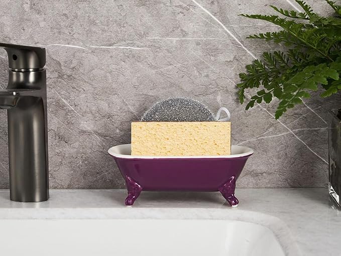 6.5" Ceramic Mini Decorative Clawfoot Bathtub Bar Soap Dish, Kitchen Sponge Holder and Shower Tray for Bathroom, 1 Pack(Burgundy)