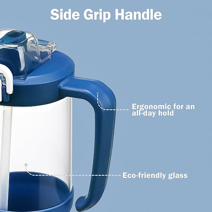 32oz Glass Water Bottle, 2-in-1 Straw and Sip Spout Lid, Leakproof Wide Mouth Tumbler with Handle, BPA-Free Reusable Bottle for Sports, Office, Outdoor, DBlue