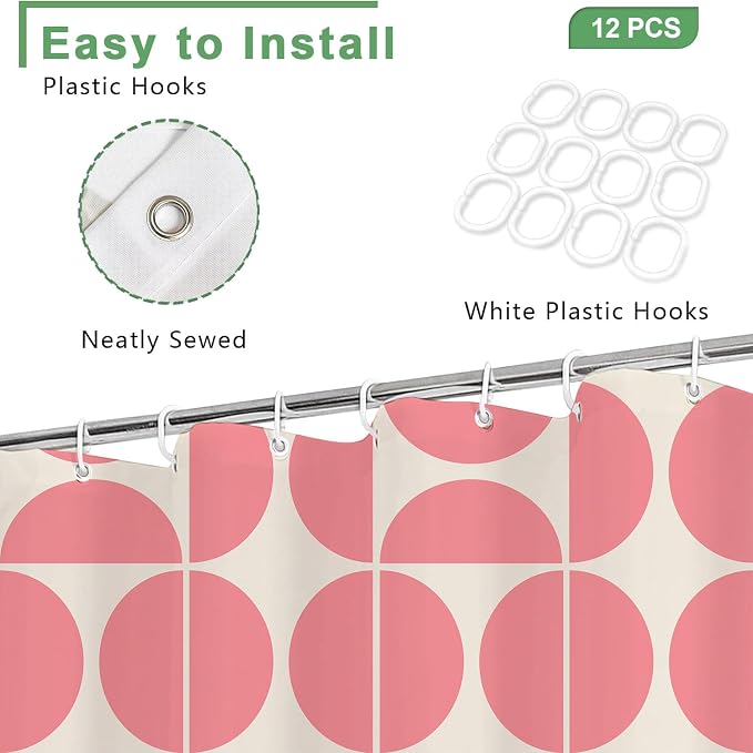 Pink Mid Century Modern Shower Curtain, Boho Abstract Geometric Retro Art Shower Curtains for Bathroom, Cute Semicircle Unique Pattern Polyester Fabric Bathroom Set 12 Hooks 72X72IN