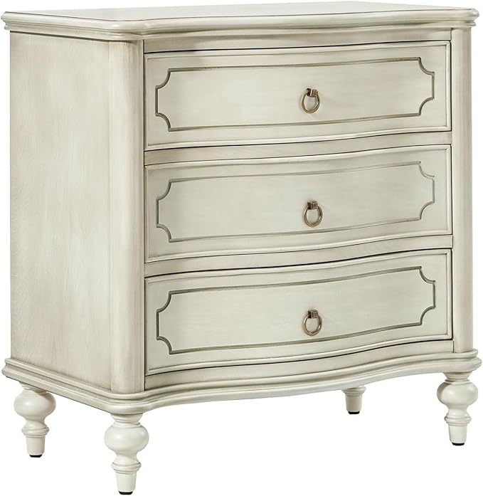 HULALA HOME Traditional Side Table with 3 Drawers, Tall Side Table with Curved Front Profle Desgin, Charging Station, Solid Wood Legs, White