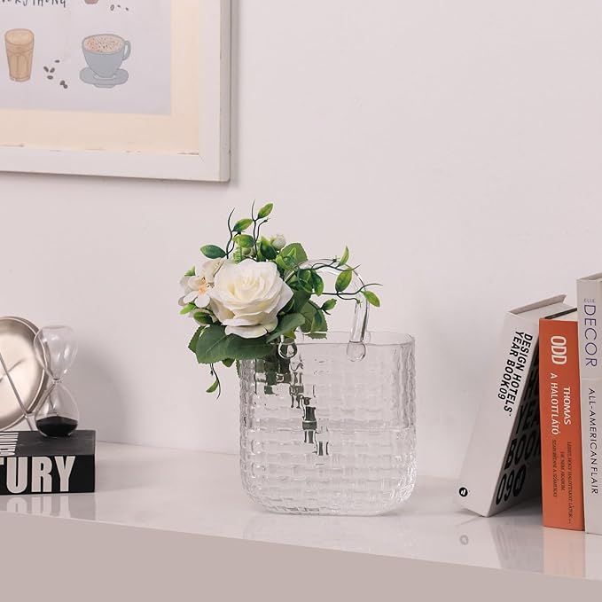 Glass Purse Vase, Purse Vase for Flowers, Unique Purse Flower Vase, Large Glass Bag Vases, 10 Inch Handbag Shaped Vases for Home, Living Room, Bedroom, Table, Office Decor
