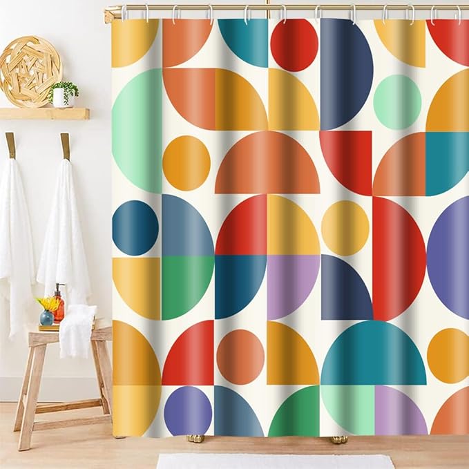 Vintage Colorful Rainbow Mid Century Shower Curtain Modern Abstract Geometric Art Bathroom Curtain Decor 72x72 Inch Washable Fabric Bright Retro Boho Circle Patterned Bath Curtain with 12 Hooks