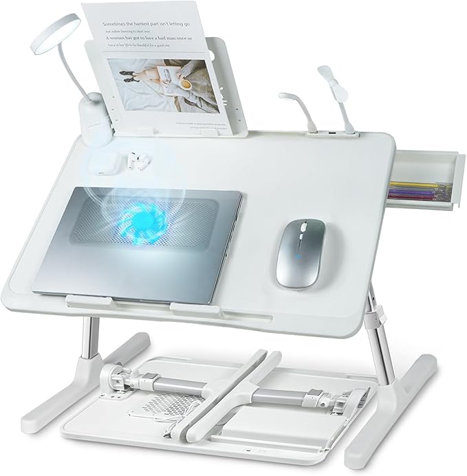 iXTRA Laptop Lap Desk with Cooling Fan - Adjustable with Light, USB, Storage Drawer - Folding Bed Desk,23.62"*15.74",White