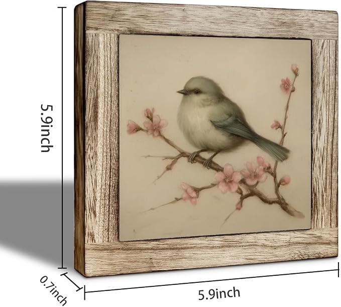 Cottagecore Floral Bird Wooden Desktop Sign, Vintage Bird on Blossom Branch Wood Plaque, Rustic Nature Tabletop Decor for Bedroom Living Room Office Shelf