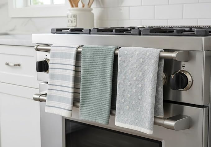 Blue White Kitchen Hand Dish Towels: Oversized 28" x 16",100% Cotton Cloth Soft Cleaning Drying Absorbent Striped Solid Polka Dot Design, Set of 3 Multipurpose for Everyday Use (Blue Austin)