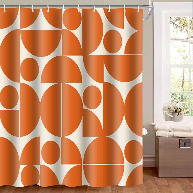 Vintage Orange Mid Century Modern Shower Curtain Boho Abstract Geometric Art Shower Curtains for Bathroom Decor 60x72 Inch 70s 80s Retro Washable Fabric Bathroom Set with 10 Hooks