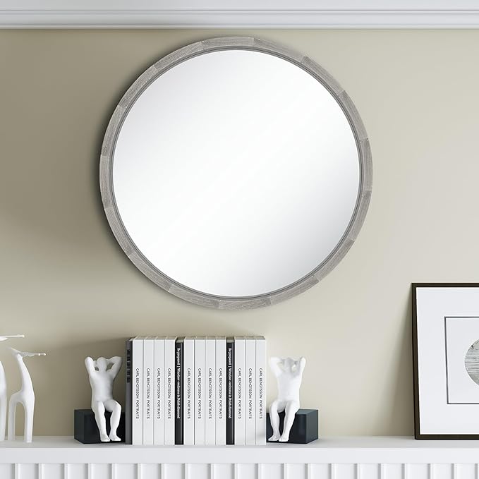 LYYYXGYP Round Wood Gray Mirror 30x30 Inch Modern Wall Mounted Mirror Wooden Frame Grey Circle Mirror for Bathroom