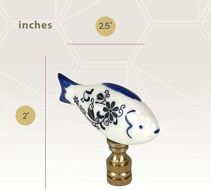 Royal Designs, Inc. Blue & White Porcelain Fish Finial for Lamp Shade, Polished Brass