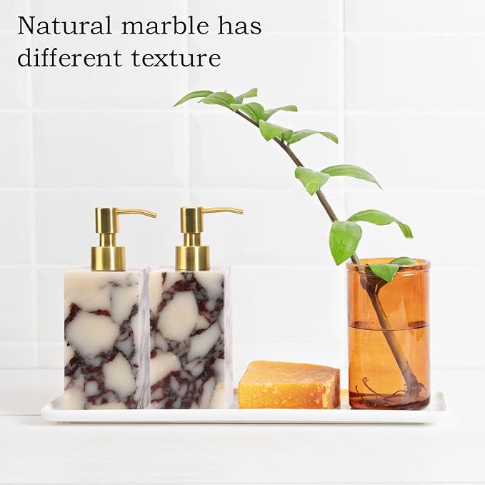 Natural Marble Soap Dispenser for Bathroom and Kitchen Countertop - 5.41 Ounces Hand Lotion and Liquid Stone Shampoo Laundry Bottle with Pump (1, Calacatta Viola, Rectangular Bottle)