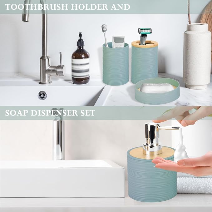 4 Pieces Bamboo Bathroom Accessories Set, Bathroom Accessory Set with Soap Dispenser and Toothbrush Holder, Soap Dish and Toothbrush Cup, Boho Bathroom Decor(Aqua)