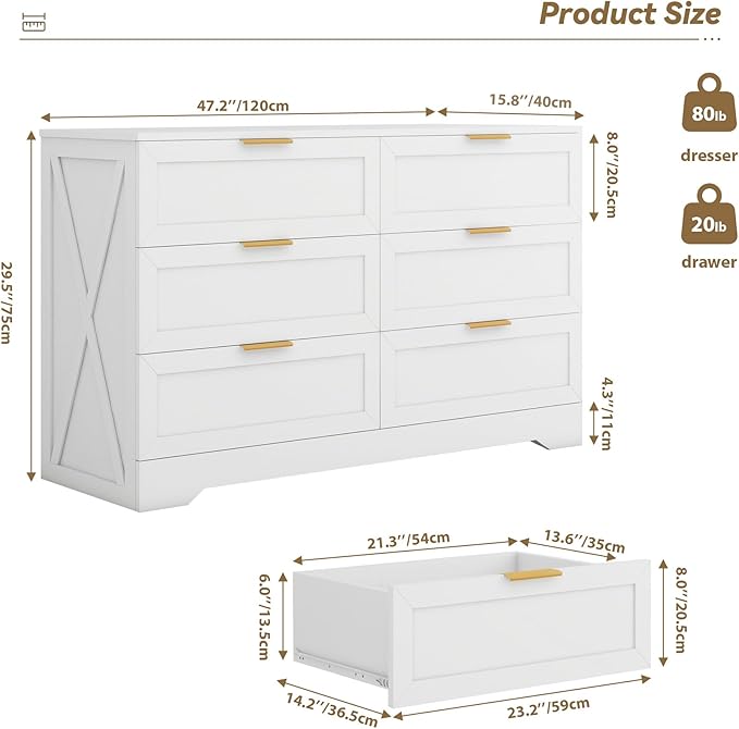 White 6 Drawer Dresser for Bedroom, Modern Dresser Chest of Drawer with Large Drawers & Rose Gold Handles, Wooden Dressers Drawer Storage Unit for Bedroom, Living Room, Closet