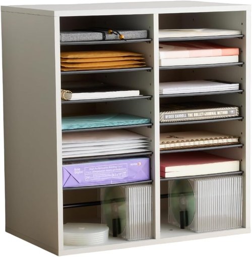 Safco 9422GR Adjustable Wood Literature Organizer - 16 Compartments, Stackable, Durable Gray Design