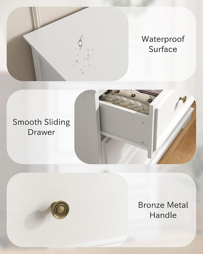 White Dresser for Bedroom, 44" Tall 5 Drawer Dresser, Wooden Chest of Drawers with Large Storage, Vertical Dressers for Closet, Living Room, Hallway