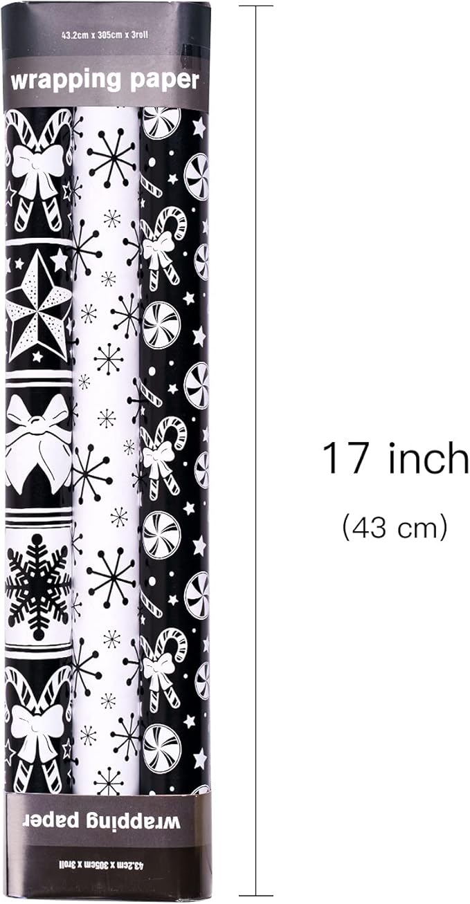 LeZakaa Christmas Wrapping Paper Mini Roll - Bell & Tree/Candy Canes/Snowflakes in Black & White for Gift Wrap, Arts Crafts - 17 x 120 inches - 3 Rolls (42.5 sq.ft.ttl.)