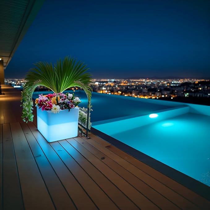 Mr.Go 16-inch LED Flower Pot Light w/Remote, 16 Color Changing Colorful Glowing Cube Flowerpot, Rechargeable Lighted Planter & Ice Bucket for Home Decor, Garden, Party, Wedding, Gifts