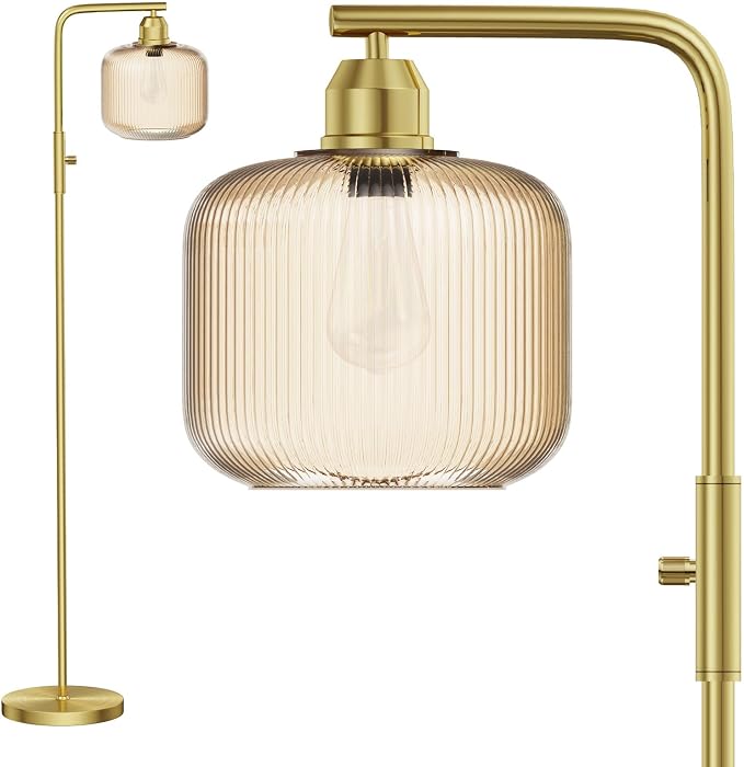 Glass Floor Lamp for Living Room, Modern Standing Lamp with Champagne Gold Ribbed Glass Lampshade, Stepless Dimmable Rotary Switch, 66” Tall Lamp & Gold Floor Lamp for Bedroom Study Room,Brushed Gold