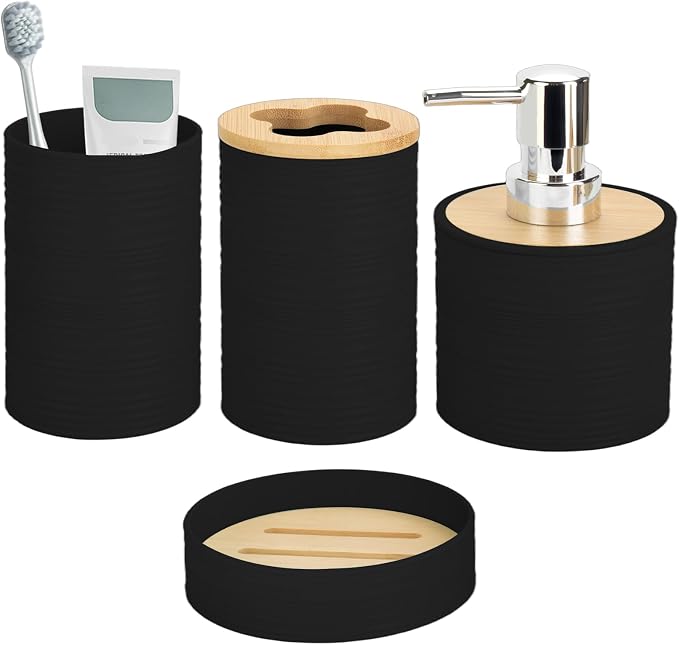 Bamboo Bathroom Accessories Set 4 Pcs, Black Bathroom Accessory Set with Soap Dispenser and Toothbrush Holder, Soap Dish and Mouthwash Cup, Boho Bathroom Decor