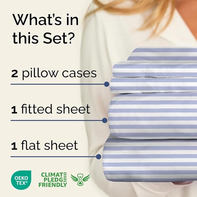 Sky Blue and White Striped Sheets - 1 Flat & 1 Fitted Sheet & 2 Pillowcases w/ Deep Pockets - Comfy, Wrinkle & Fade Free - Soft, Breathable and Cooling - Pinstripe Patterned Bedding - Queen Size