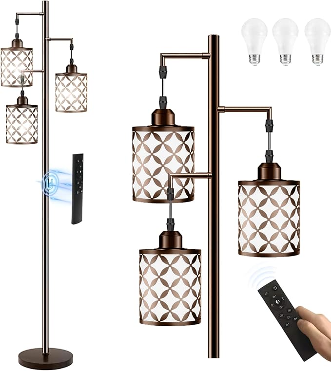 Dimmable Floor Lamp, Farmhouse Standing Lamp with Elegant Metal Cage, Industrial Tall Tree Floor Lamps for Living Room, Bedroom, Study Room, Office, 3 x 1100LM LED Bulbs Included, 72",Brown