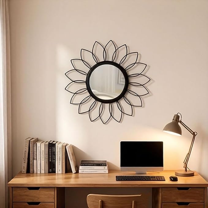 Gold Mirrors for Wall - Metal Sunburst Wall Mirror Room Decor & Home Decor, Boho Mirror Wall Decor Gifts for Women & Moms (Flower-Black, Small)