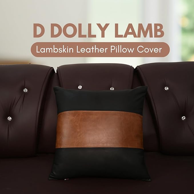 D DOLLY LAMB Lambskin Leather Pillow Cover - Sofa Cushion Case - Decorative Throw Covers for Living Room & Bedroom, 20x20 Inches - Black and Tan Crunch Plain