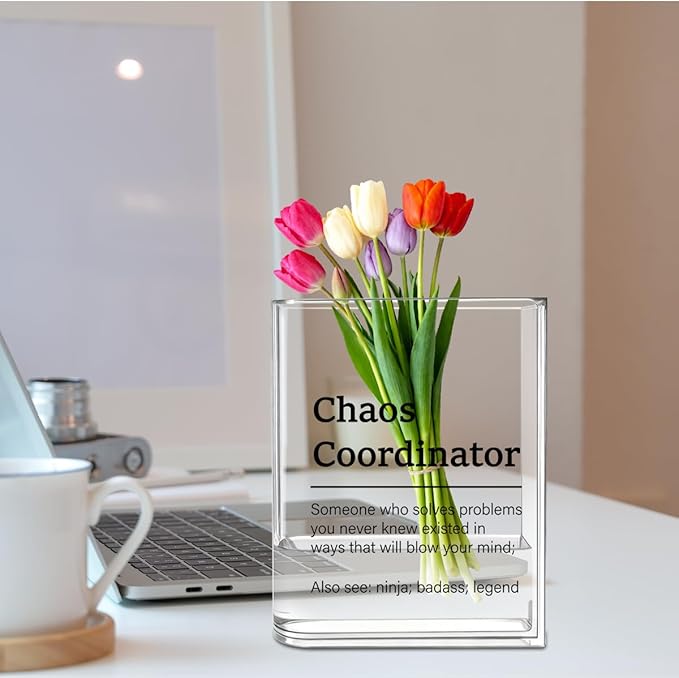 Chaos Coordinator Bosses Day Gifts for Women Men Manager Funny Office Decor for Women Wooden Acrylic Book Flower Vase National Boss Day Decorations Gifts for Leader HR Manager Bookshelf Desk Decor