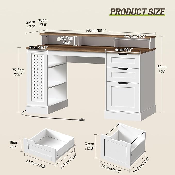 55inch Farmhouse Executive Desk with 2 Drawers and File Cabinet, Computer Desk with 3-Tier Storage Shelves, Home Office Desk with Charging Station, Pegboard and Monitor Shelf, White and Walnut