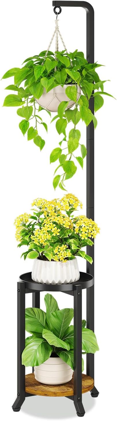 KMOTASUO Black 2 Tier 61.5 Inch Plant Stand Indoor with Hanging Ring, Tall Large Heavy Duty Metal Vertical Rack for Multiple Planter, Sturdy Rustic Corner Flower Shelf Holder Organizer for House Patio