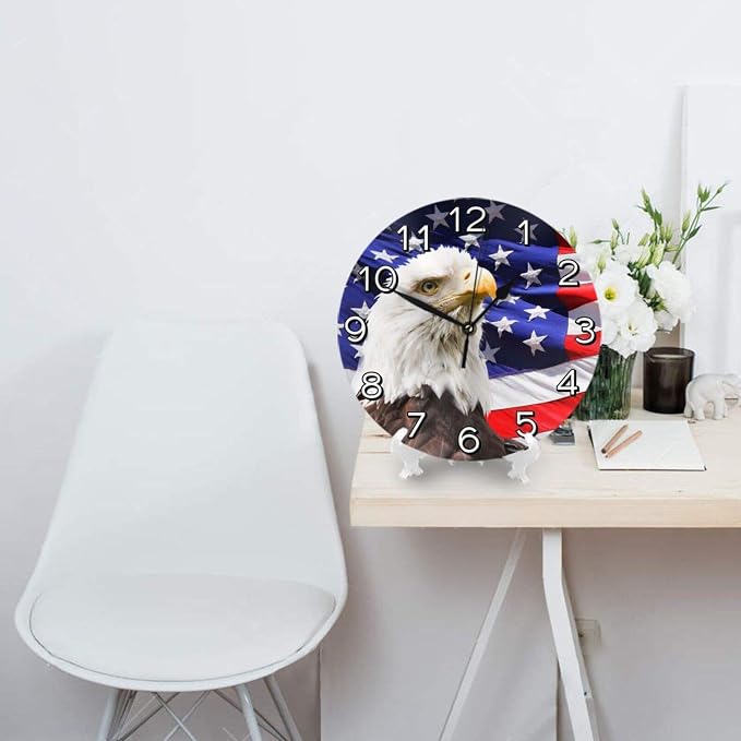 Bald Eagle Patriotic American Flag Wall Clock Battery Operated Silent Round Clock Wall Decor for Home, Office, School 9.8 Inch