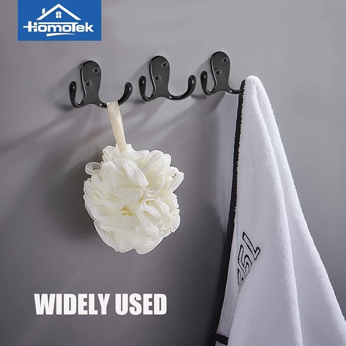 HOMOTEK 10 Pack Heavy Duty Coat Hooks Wall Mounted Double Prong(Left and Right) Rustproof Coat Hook Hardware Retro Dual Robe Hanger for Coat,Towel, Scarf, Hat, Bag, Key, Shoes, Matte Black