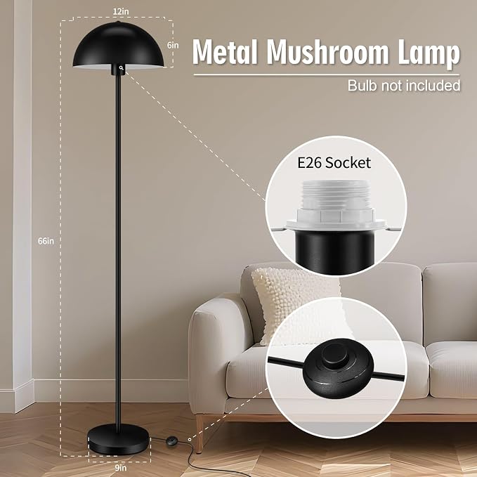 Industrial Floor Lamp, Floor Lamp for Living Room, 66Inch Tall Modern Standing Lamp, Black Stand Up Lamp with Metal Dome Shade, Mid Century Corner Reading Lamp for Bedroom Office Nursery Room, NO BULB